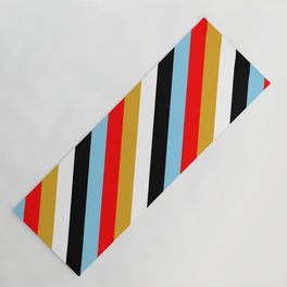 [ Thumbnail: Sky Blue, Red, Goldenrod, White & Black Colored Lines/Stripes Pattern Yoga Mat ]
