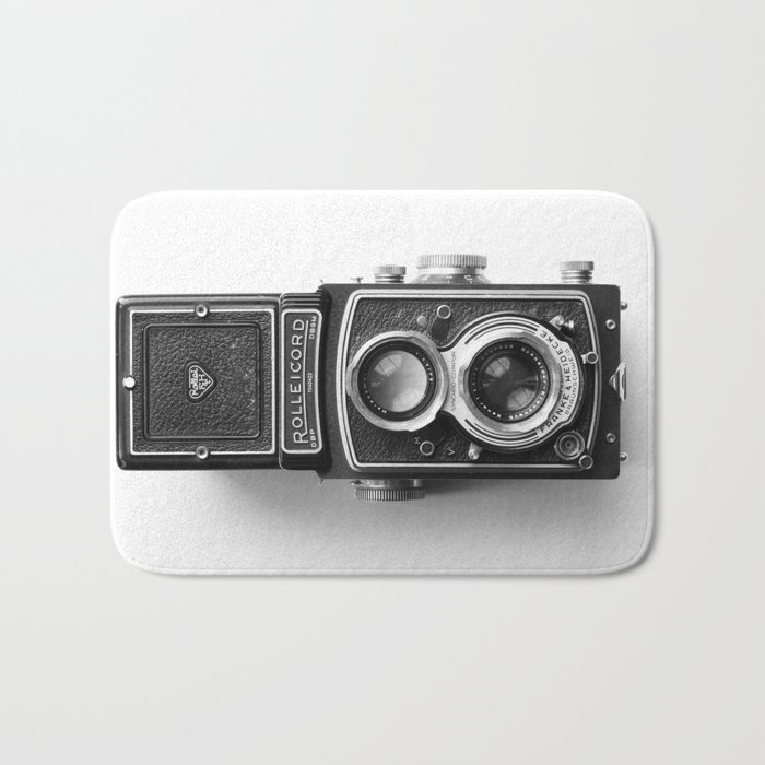 Vintage square film rolleicord camera art print - black and white analog dubble lens photography Bath Mat