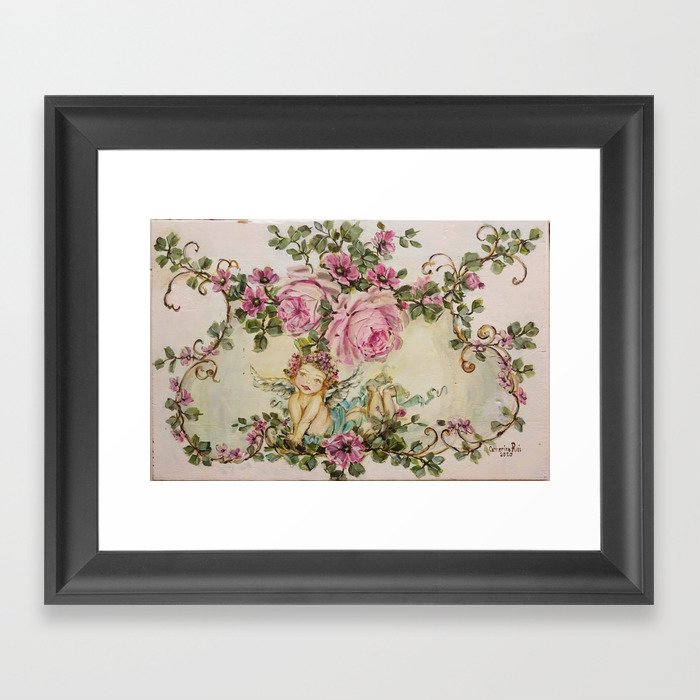Sweet Cherub and Pink Roses Painting Framed Art Print