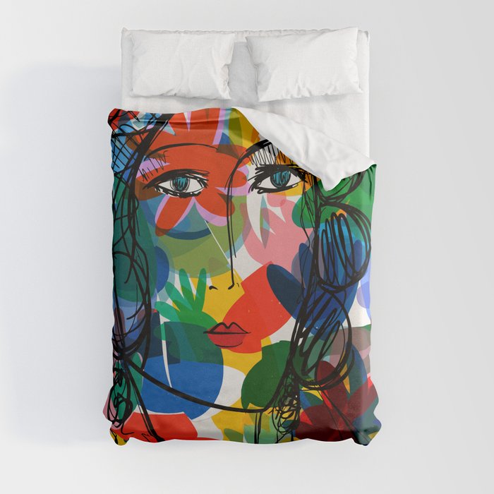 La femme aux fleurs portrait pop abstract by Emmanuel Signorino Duvet Cover