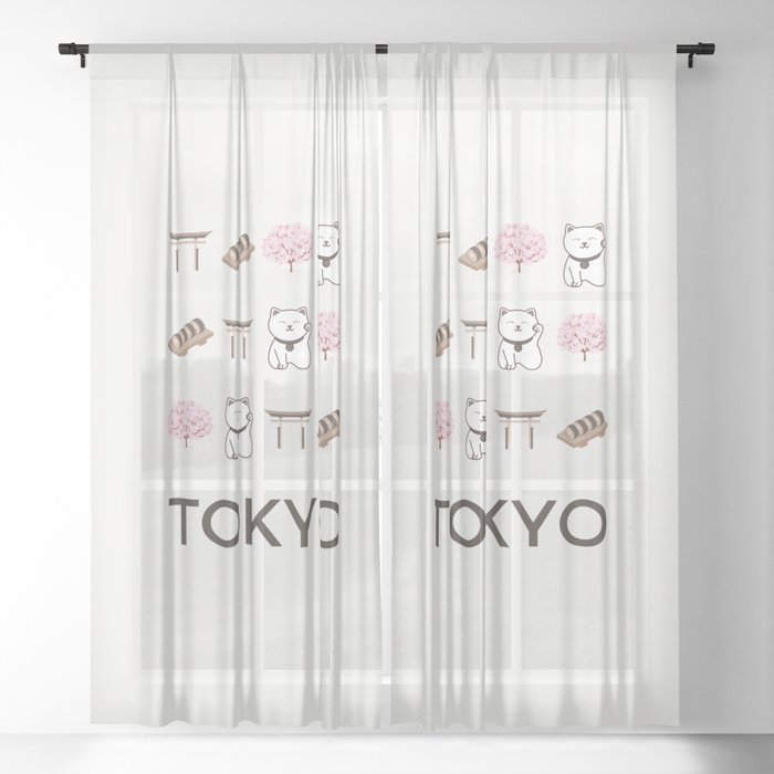 Tokyo Retro Art Vacations Boho Decor Modern Decor Grey Illustration Sheer Curtain