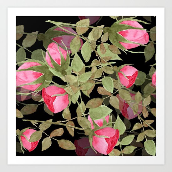 The buds of tender roses on a black background . Retro . Art Print