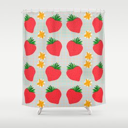 Strawberries on Blue Tile Shower Curtain
