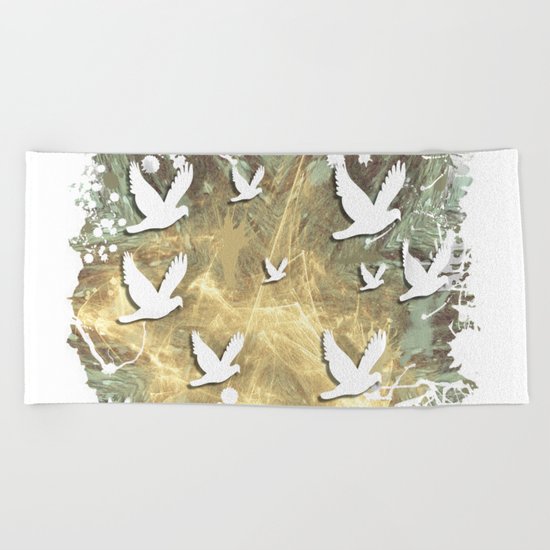 Birds on beige messy kaleidoscope Beach Towel