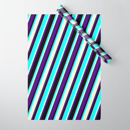 [ Thumbnail: Aqua, Beige, Indigo, and Black Colored Striped Pattern Wrapping Paper ]