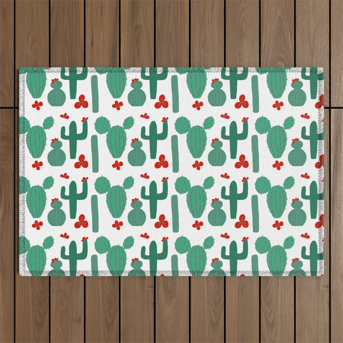 Green Cactus Shapes with Red Cactus Flowers Outdoor Rug