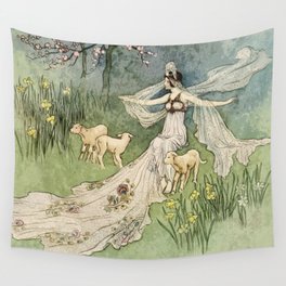 Beautiful princess with newborn lambs Wall Tapestry