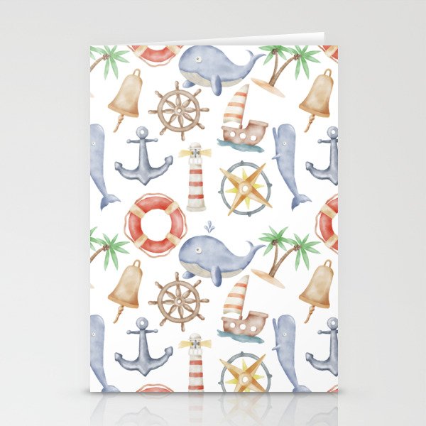 Nautical Watercolor Pattern Illustration Stationery Cards
