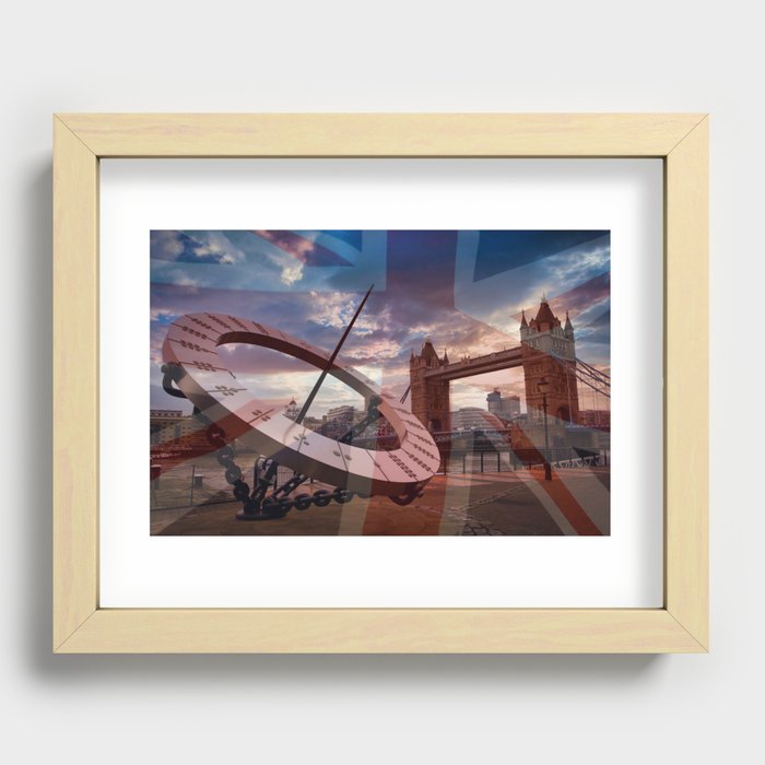Sundial with tower bridge and faded Union Jack Recessed Framed Print