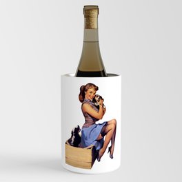Brunette Pin Up Blue Skirt And Shoes Two Dogs Puppies Wine Chiller