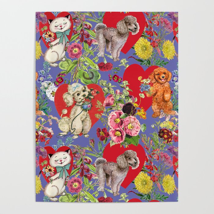 Poodle Dogs & Cats Celebrate Love with Flowers - Veri Peri  Poster
