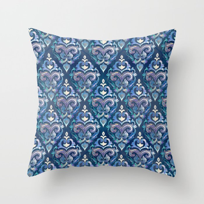 Persian Floral pattern blue and silver Throw Pillow
