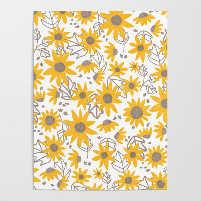 Yellow Boho Sunflowers Pattern on White Poster