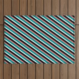 [ Thumbnail: Light Coral, Dark Cyan, Light Cyan, and Black Colored Lined/Striped Pattern Outdoor Rug ]