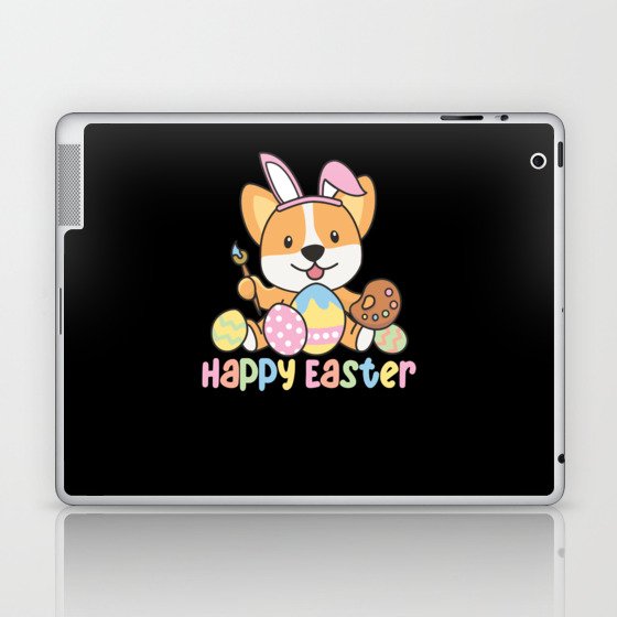 Happy Easter Cute Corgi At Easter With Easter Eggs Laptop & iPad Skin