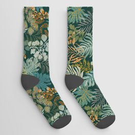 tropical night emerald leaves Socks