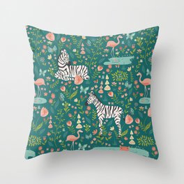 Wild Zebras in Green Garden Throw Pillow