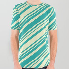 [ Thumbnail: Light Yellow and Light Sea Green Colored Lines Pattern All Over Graphic Tee ]
