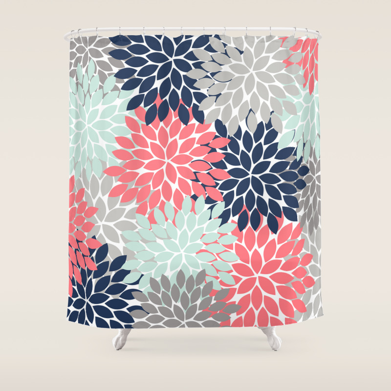 Flower Burst Petals Floral Pattern Navy Coral Mint Gray Shower