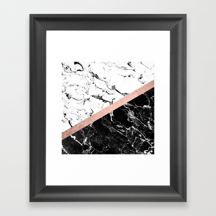 Modern Black White Marble Color Block Rose Gold Framed Art Print