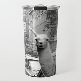 Llama Riding in Taxi, Black and White Vintage Print Travel Mug