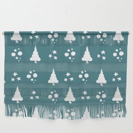 White Snow Balls And Christmas Tree Blue Print Pattern Wall Hanging