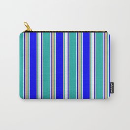 [ Thumbnail: Blue, Tan, Light Sea Green, and White Colored Striped Pattern Carry-All Pouch ]