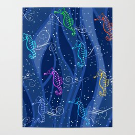 Seahorse Song — Mult on Blue Poster | Multicolor, Seacreatures, Drawing, Blue, Repeatpattern, Beach, Sea, Seahorses, Playful, Waves 
