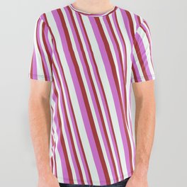 [ Thumbnail: Brown, Orchid, and Mint Cream Colored Stripes/Lines Pattern All Over Graphic Tee ]