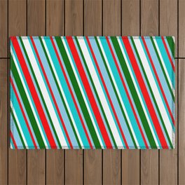 [ Thumbnail: Sky Blue, Red, Dark Turquoise, White, and Dark Green Colored Striped Pattern Outdoor Rug ]