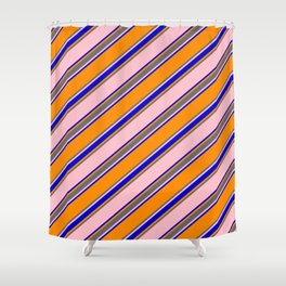 [ Thumbnail: Pink, Blue, Dark Orange, and Dim Gray Colored Pattern of Stripes Shower Curtain ]