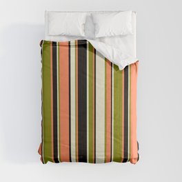 [ Thumbnail: Beige, Green, Coral & Black Colored Stripes Pattern Comforter ]