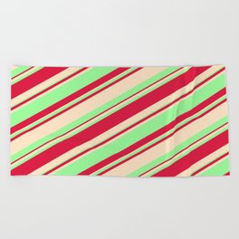 [ Thumbnail: Bisque, Green, and Crimson Colored Striped/Lined Pattern Beach Towel ]