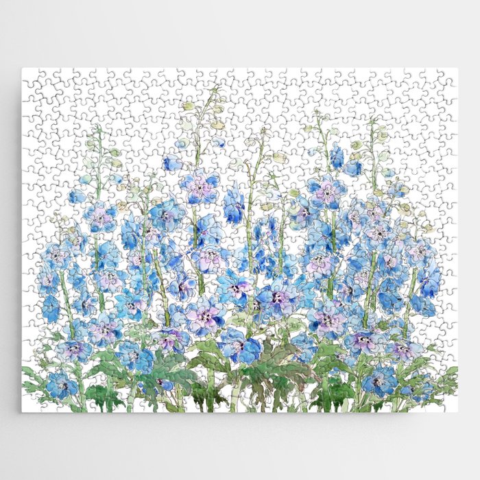 blue and purple larkspur field watercolor Jigsaw Puzzle