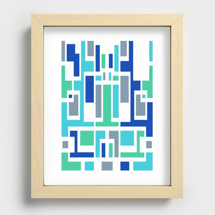 White Outline Geometric Art Deco Style Blue Green Tones Recessed Framed Print