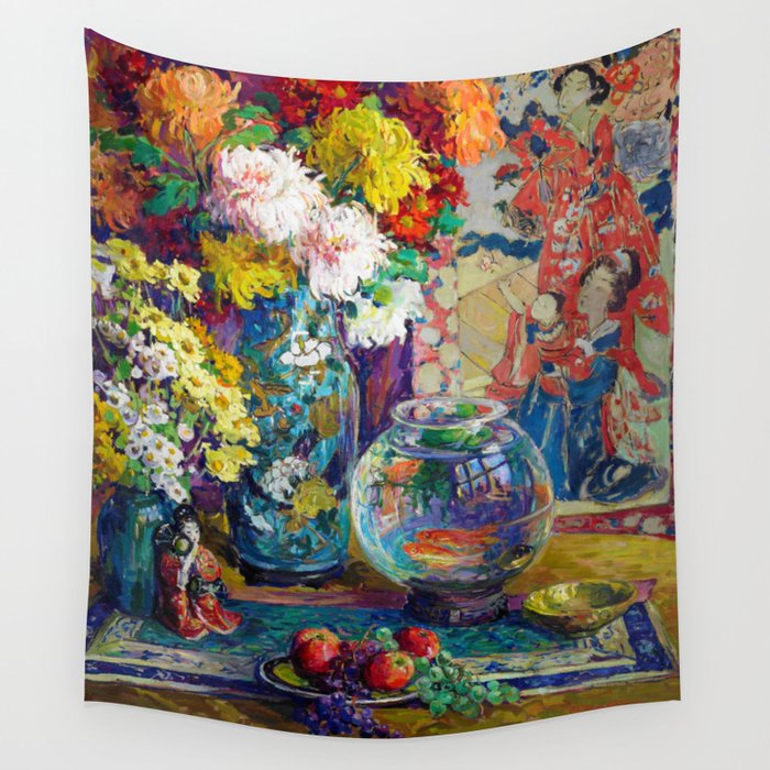 Gold Fish bowl, Fruits, Flowers, and Peonies still life portrait painting by Kathryn Evelyn Cherry Wall Tapestry