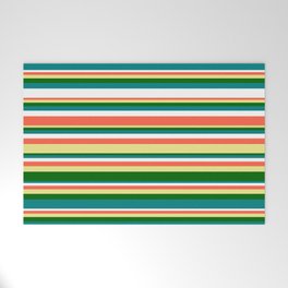[ Thumbnail: Eyecatching Red, Tan, Dark Green, Teal, and White Colored Stripes/Lines Pattern Welcome Mat ]