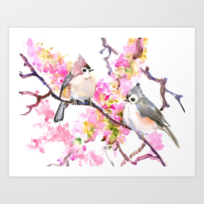 Titmice And Cherry Blossom Spring Bird Cottage Style Pink Gray Design Art Print By Sureart Society6