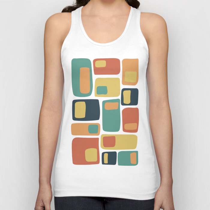 Mid Century Funky Squares and in Teal, Charcoal, Orange and Yellow Tank Top
