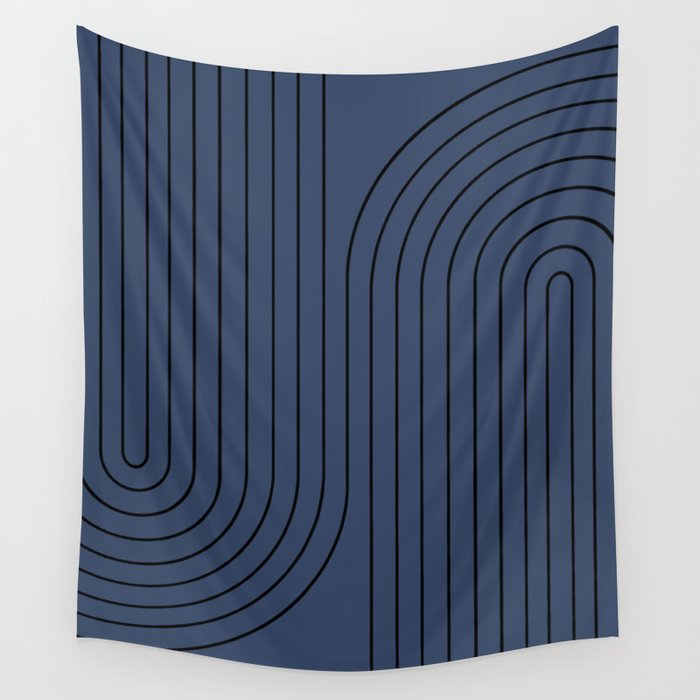 Minimal Line Curvature IV Navy Blue Mid Century Modern Arch Abstract Wall Tapestry