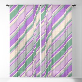 [ Thumbnail: Colorful Dark Orchid, Bisque, Dark Gray, Sea Green & Plum Colored Lines Pattern Sheer Curtain ]