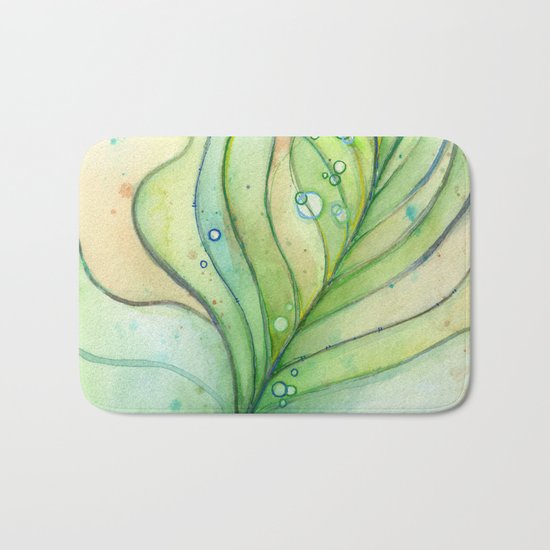 Green Watercolor Peacock Feather and Bubbles Bath Mat