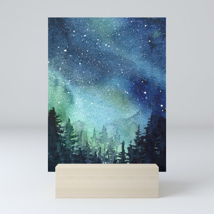 Galaxy Watercolor Aurora Borealis Painting Mini Art Print