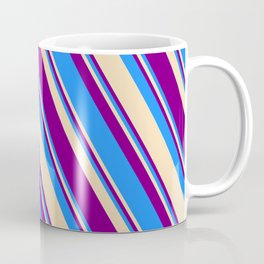 [ Thumbnail: Blue, Tan, and Purple Colored Striped Pattern Coffee Mug ]