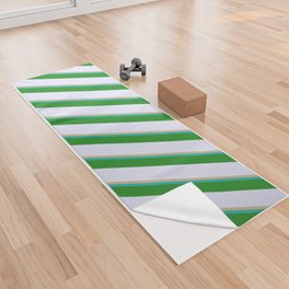 [ Thumbnail: Tan, Light Sea Green, Forest Green, and Lavender Colored Lined/Striped Pattern Yoga Towel ]