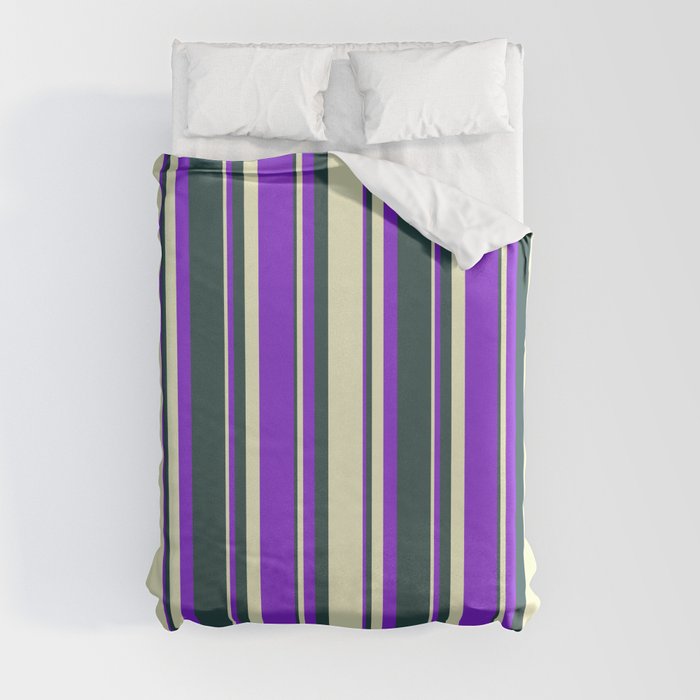 Dark Slate Gray, Light Yellow, and Purple Colored Lines/Stripes Pattern Duvet Cover