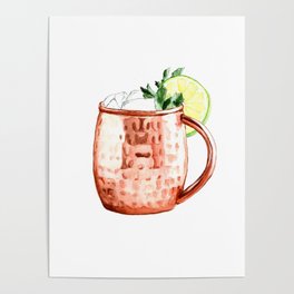 Cocktails. Moscow Mule. Watercolor Painting. Poster
