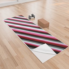 [ Thumbnail: Colorful Dim Gray, Light Cyan, Hot Pink, Maroon & Black Colored Striped/Lined Pattern Yoga Towel ]