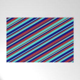 [ Thumbnail: Blue, Red & Turquoise Colored Stripes Pattern Welcome Mat ]