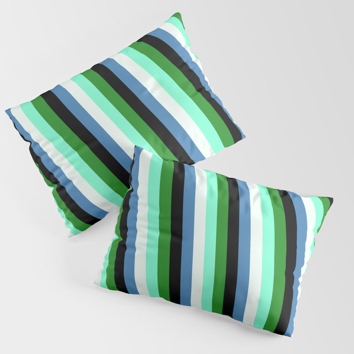 Colorful Forest Green, Aquamarine, Mint Cream, Blue & Black Colored Stripes Pattern Pillow Sham